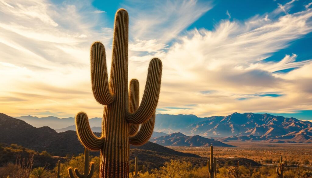 A towering saguaro cactus stands tall in a vibrant desert landscape, its arms reaching skyward against the backdrop of rugged hills and distant mountains, bathed in warm golden sunlight.