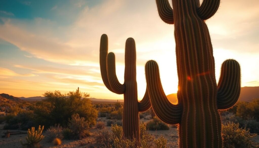 A towering saguaro cactus against a golden sunset sky, its arms reaching skyward and casting long shadows over the desert landscape.