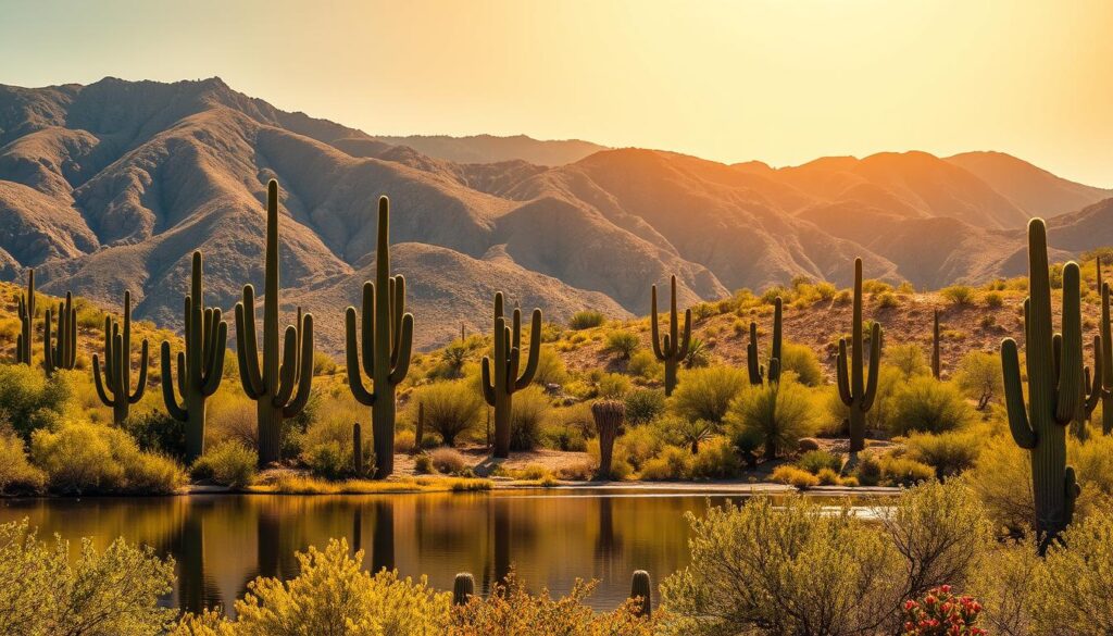 A serene desert landscape with towering saguaro cacti reflecting on a lake, vibrant desert flora, and rugged mountains under a golden sunset.