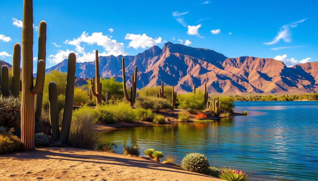 A peaceful view of Saguaro Lake in Arizona, with towering saguaro cacti, lush riparian vegetation, and distant mountain peaks bathed in golden sunlight, creating a tranquil desert landscape.