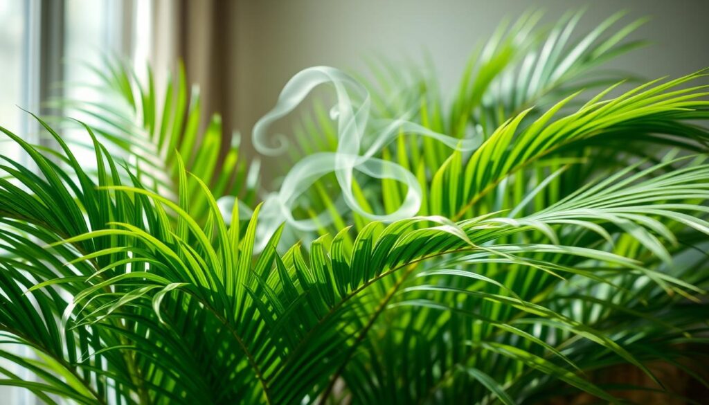 A lush, vibrant areca palm in a sunlit room, its green fronds gently swaying. The plant's intricate leaves are in focus, while wispy tendrils of purified air seem to dance from the plant, creating a serene, calming atmosphere.