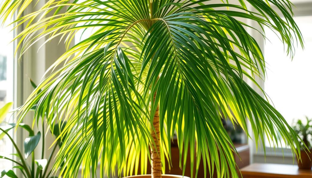 Lush Areca Palm with cascading fronds in a cozy sunlit indoor space, casting shadows on surrounding surfaces.