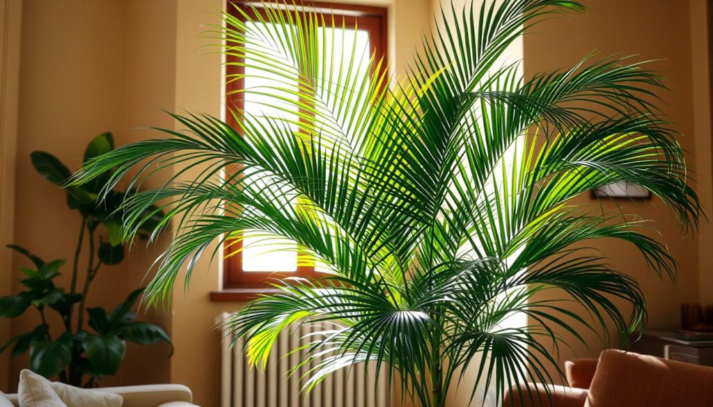 A cozy indoor space featuring a lush areca palm in a well-lit corner, with soft natural light filtering through the window and warm, earthy tones in the background.