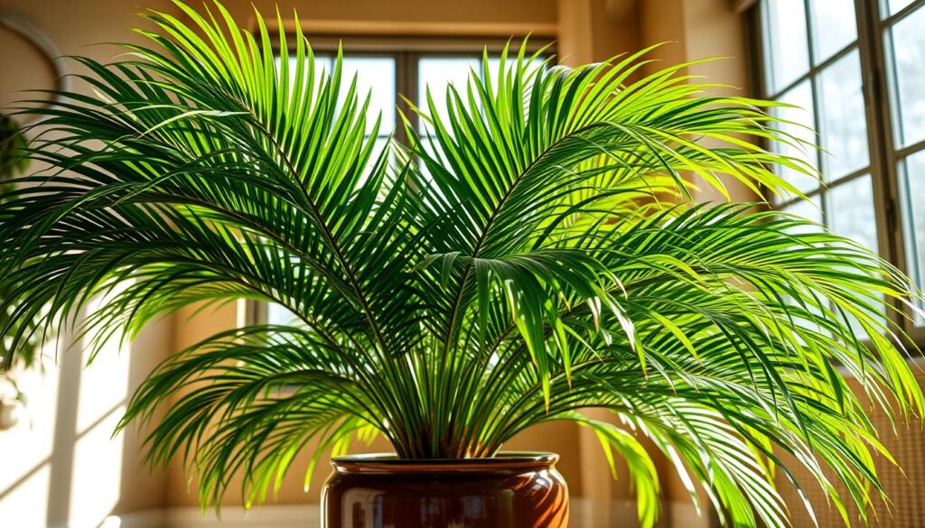 A healthy and thriving areca palm in a well-lit indoor space with bright, indirect sunlight, showcasing its vibrant green fronds and glossy leaves.