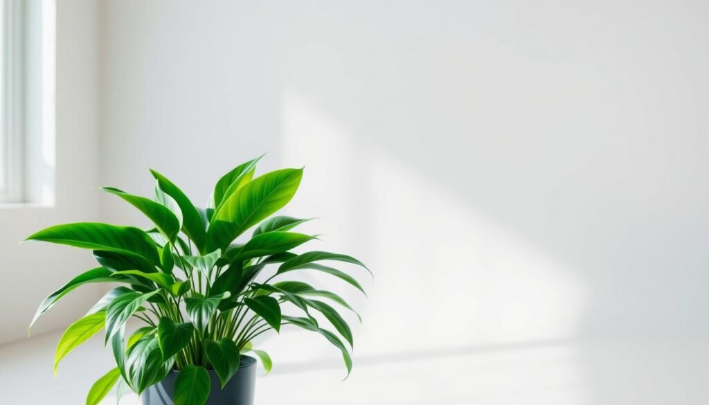 A vibrant ZZ plant with glossy, cascading leaves in a tranquil, well-lit studio setting, complemented by a minimalist, neutral-toned backdrop.