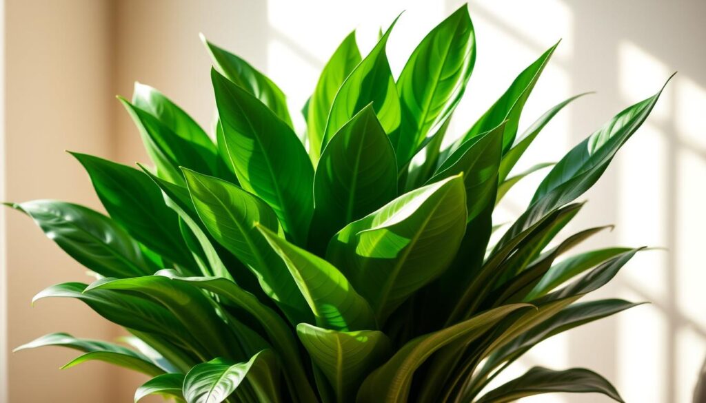 A lush, vibrant ZZ plant with thick, glossy green leaves in a warm, naturally lit setting, framed by a neutral background.