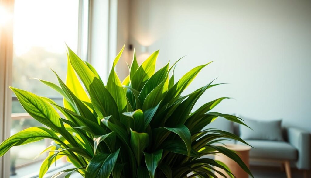 A vibrant ZZ plant with thick, glossy leaves bathed in warm sunlight, set against a minimalist Scandinavian-style interior.