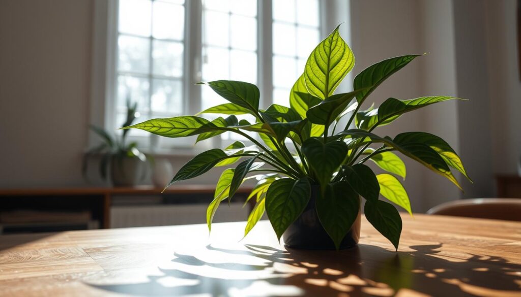 A ZZ plant thriving in soft natural light, casting shadows on a polished wood table in a serene indoor setting.