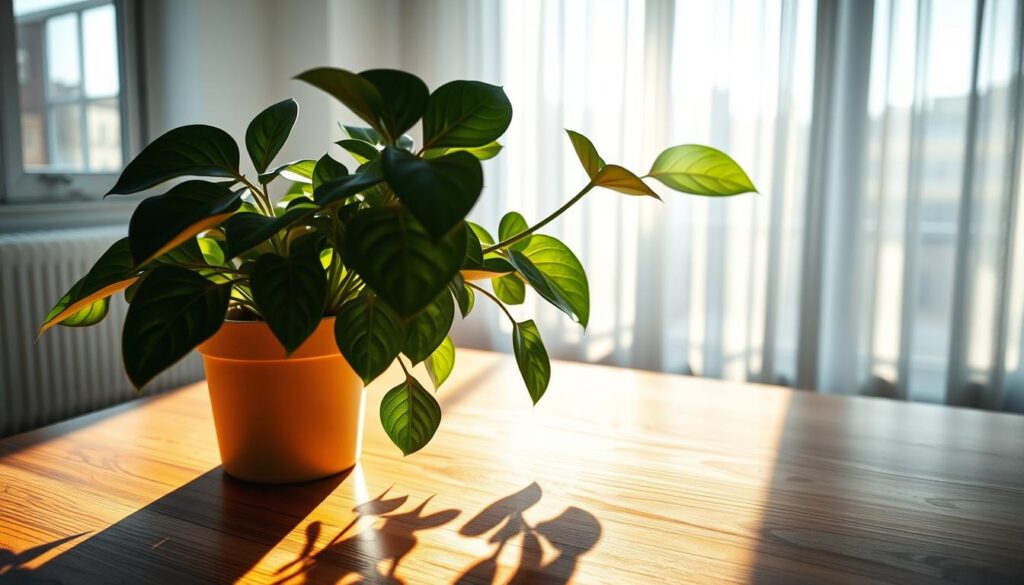 A well-lit ZZ plant on a polished wood tabletop, with sculptural leaves casting intricate shadows in a serene indoor setting.