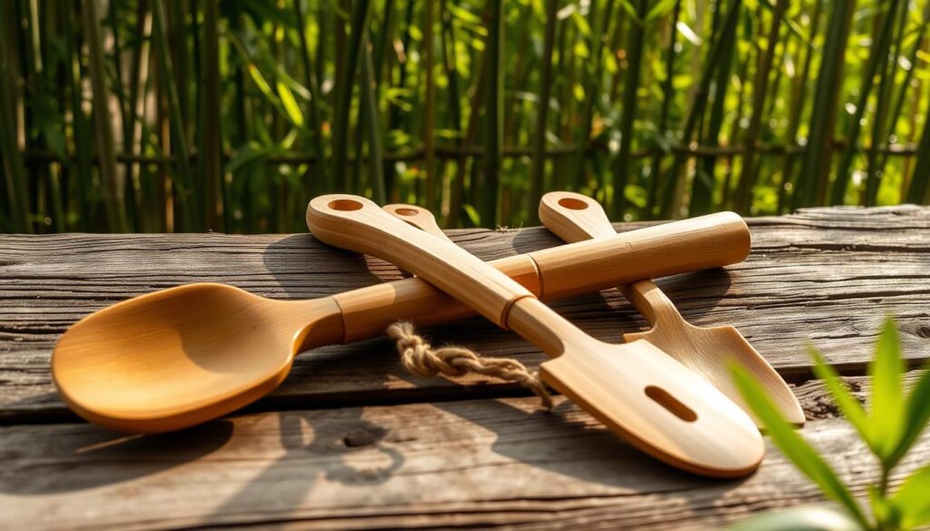 A set of handcrafted bamboo gardening tools neatly arranged on a rustic wooden surface, with a lush bamboo grove in the background.