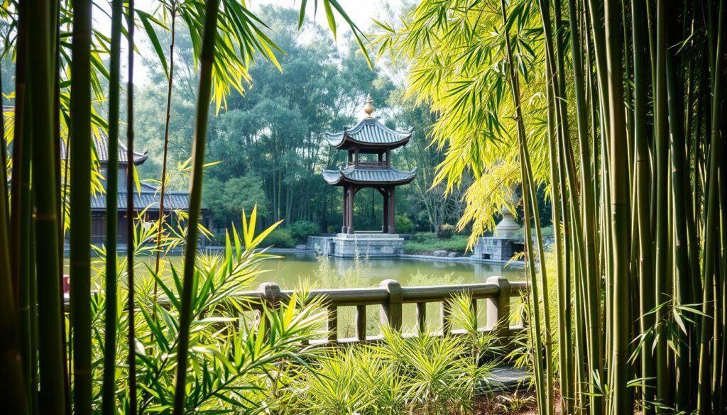 A vibrant bamboo garden with tall, green stalks and dense foliage, creating a lush and eco-friendly landscape.