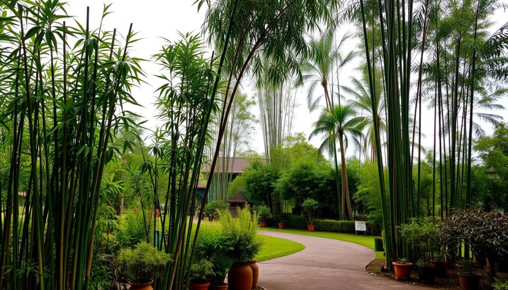 A serene bamboo garden with lush green stalks, potted bamboo varieties in the foreground, and a winding path leading through towering bamboo groves under a soft, overcast sky.