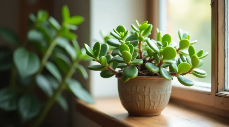 Vibrant jade plant in a decorative ceramic pot on a wooden windowsill, bathed in soft natural light.