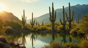 Close-up of a towering saguaro cactus with multiple arms reaching toward the sky, thriving in a desert landscape under a golden sunset.