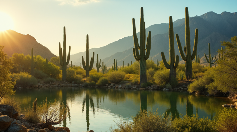 Close-up of a towering saguaro cactus with multiple arms reaching toward the sky, thriving in a desert landscape under a golden sunset.