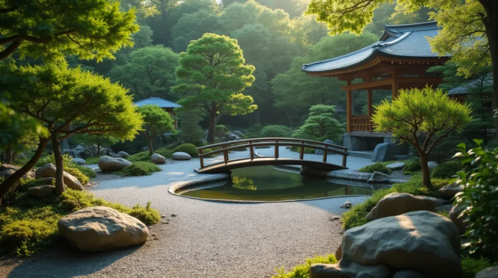 Serene Japanese Zen small garden with a stone pathway, raked gravel, bonsai trees, and a tranquil water feature.