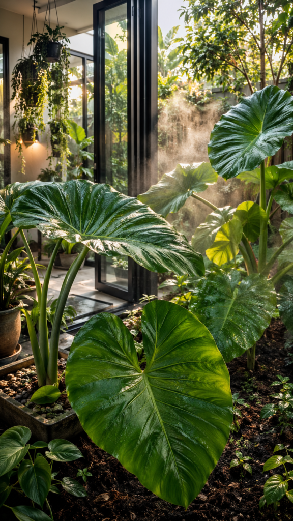 Educational tropical garden scene showing healthy elephant ear plants