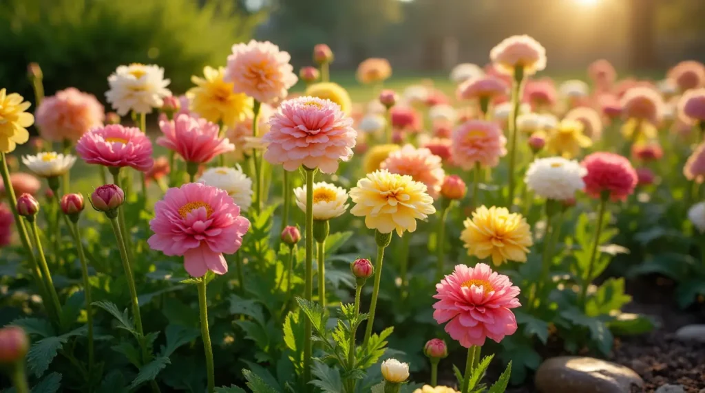 Vibrant ranunculus flowers in full bloom, showcasing their delicate, layered petals in shades of pink, yellow, and white.