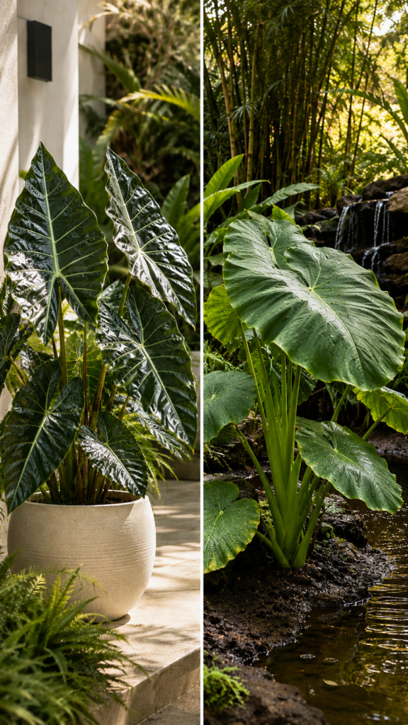 Ultra-realistic botanical comparison of Alocasia and Colocasia side by side