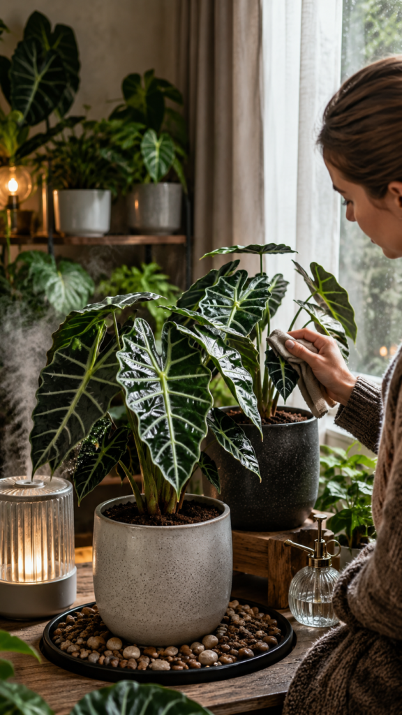 Ultra-realistic indoor tropical plant care scene featuring Alocasia