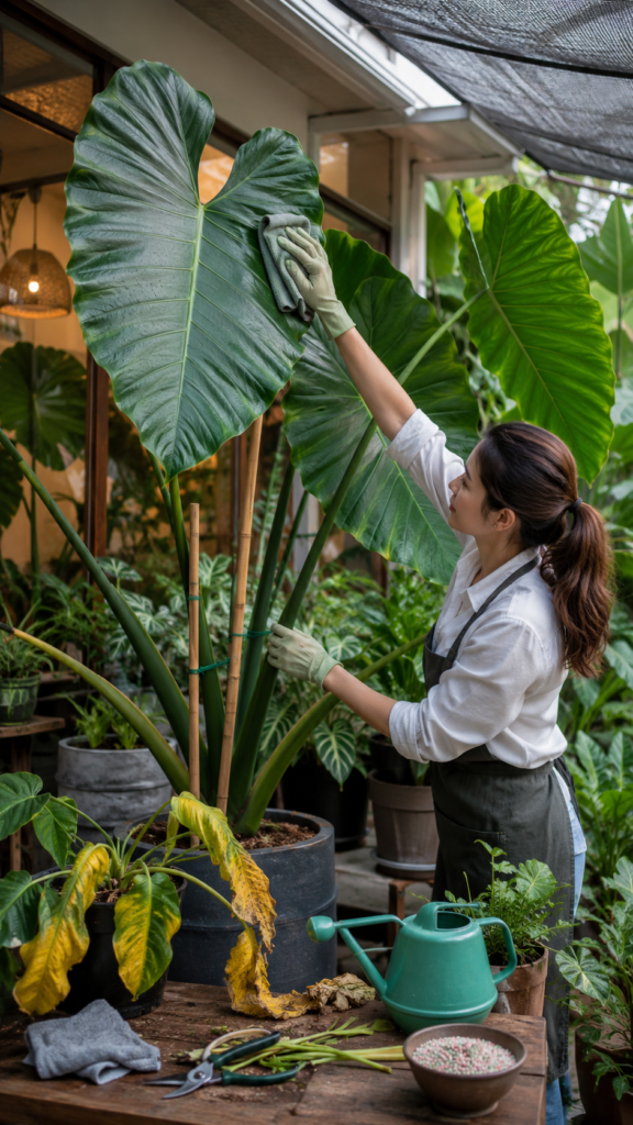 gardening scene showing elephant ear plants