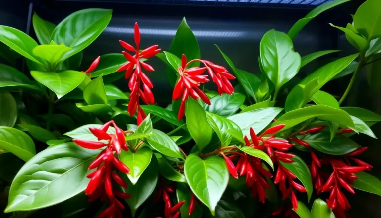 A lush, vibrant lipstick plant (Aeschynanthus) thriving in a humid, warm terrarium. The plant's crimson, tubular flowers cascade against a backdrop of glossy, deep green foliage. Soft, diffused lighting from above accentuates the plant's intricate textures and vibrant colors. The scene conveys a sense of the plant's temperature and humidity requirements, hinting at the challenges of maintaining the ideal conditions for this tropical specimen in a domestic setting.