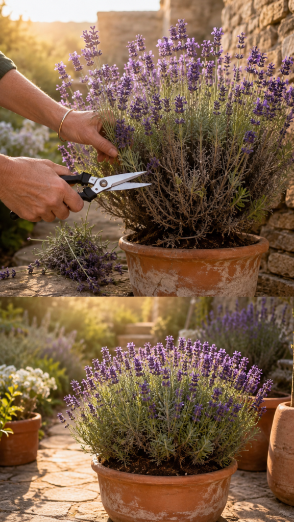 Close-up of a gardener carefully pruning mature lavender plants with sharp shears in a rustic terracotta pot garden during golden hour. Vibrant purple lavender blooms and silvery-green foliage glow in warm sunlight, with a visible before-and-after comparison showing fuller, healthier growth after pruning. Natural stone pathways and soft-focus botanical surroundings create a peaceful summer gardening atmosphere with highly detailed flower textures and woody stems.