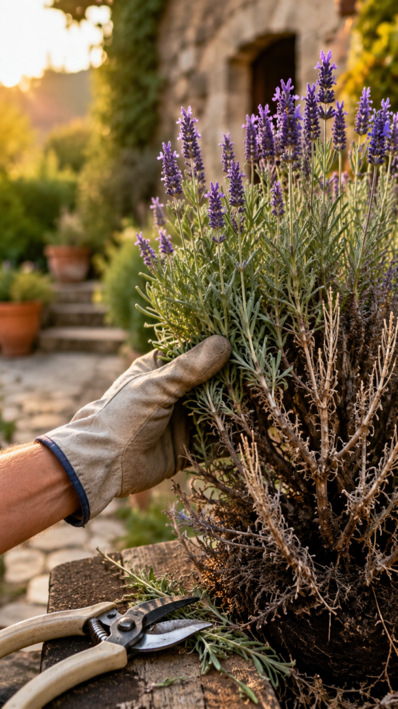 Close-up of a gardener wearing protective gloves carefully inspecting a lavender plant before pruning in a sunlit backyard garden. Healthy silvery-green foliage and vibrant purple flower spikes contrast with dry, woody dead branches and damaged stems. Clean pruning shears rest on a rustic wooden bench beside the plant, highlighting proper garden preparation and plant care. Warm golden-hour sunlight illuminates the peaceful luxury garden setting with terracotta pots, stone pathways, and soft blurred greenery in the background. Ultra-realistic botanical photography with detailed textures and shallow depth of field.