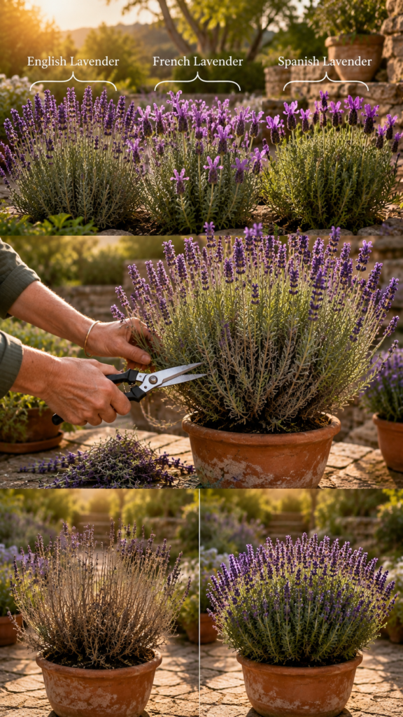 Educational lavender garden scene featuring English, French, and Spanish lavender varieties growing side by side in a sunny botanical garden. Each variety displays distinct flower shapes and foliage textures, with vibrant purple blooms and silvery-green leaves glowing in warm golden-hour sunlight. A gardener carefully prunes a healthy lavender bush using sharp shears beside rustic terracotta pots and natural stone pathways. The composition includes a before-and-after comparison showing woody, leggy lavender transformed into a compact, fuller plant after proper pruning, creating a peaceful and cinematic botanical atmosphere with highly detailed flower spikes and soft background blur.