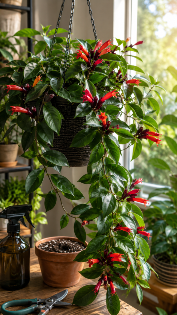 Healthy Lipstick Plant (Aeschynanthus radicans) cascading from a hanging pot with glossy green leaves and bright red tubular blooms near a sunny indoor window, surrounded by plant care tools.