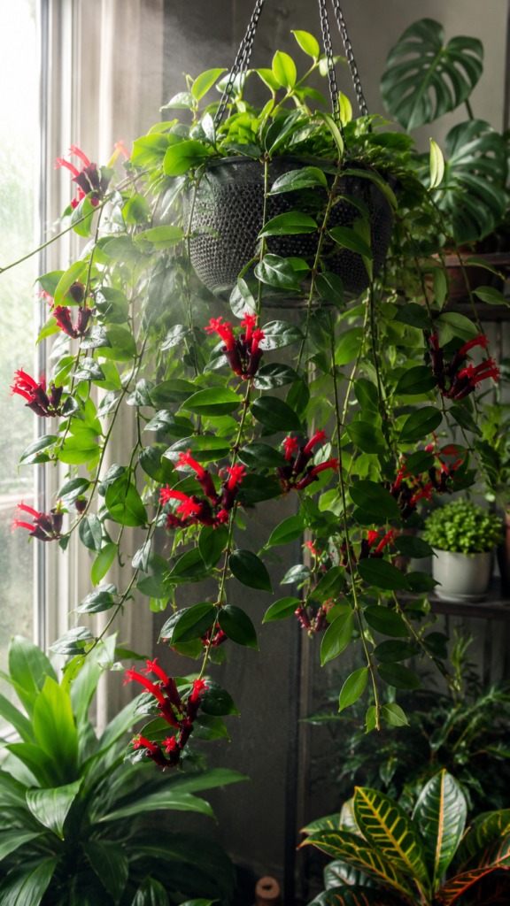 Healthy Lipstick Plant (Aeschynanthus radicans) cascading from a hanging pot with glossy green vines, red tubular blooms, and bright indirect window light in a tropical indoor plant corner.