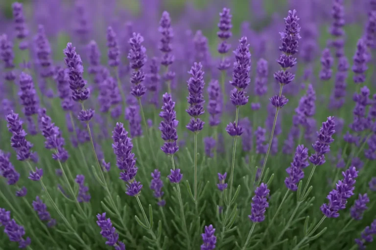 Lavender plants in full bloom with vibrant purple flowers and slender green stems, growing in a sunny garden setting.