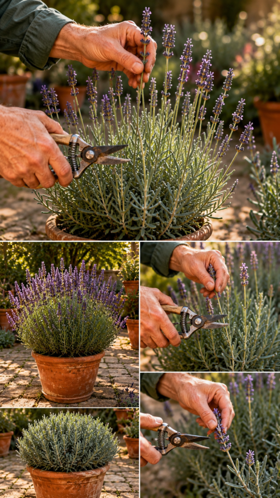 Lavender pruning tutorial in a warm sunlit backyard garden showing a gardener using sanitized pruning shears to trim healthy lavender stems above leaf nodes. The split composition highlights step-by-step pruning techniques, including deadheading faded purple blooms and shaping rounded lavender bushes using the one-third pruning rule. Silvery-green foliage, rustic terracotta pots, and stone garden pathways glow under golden-hour sunlight, creating a cinematic botanical atmosphere with highly detailed textures and educational gardening visuals.