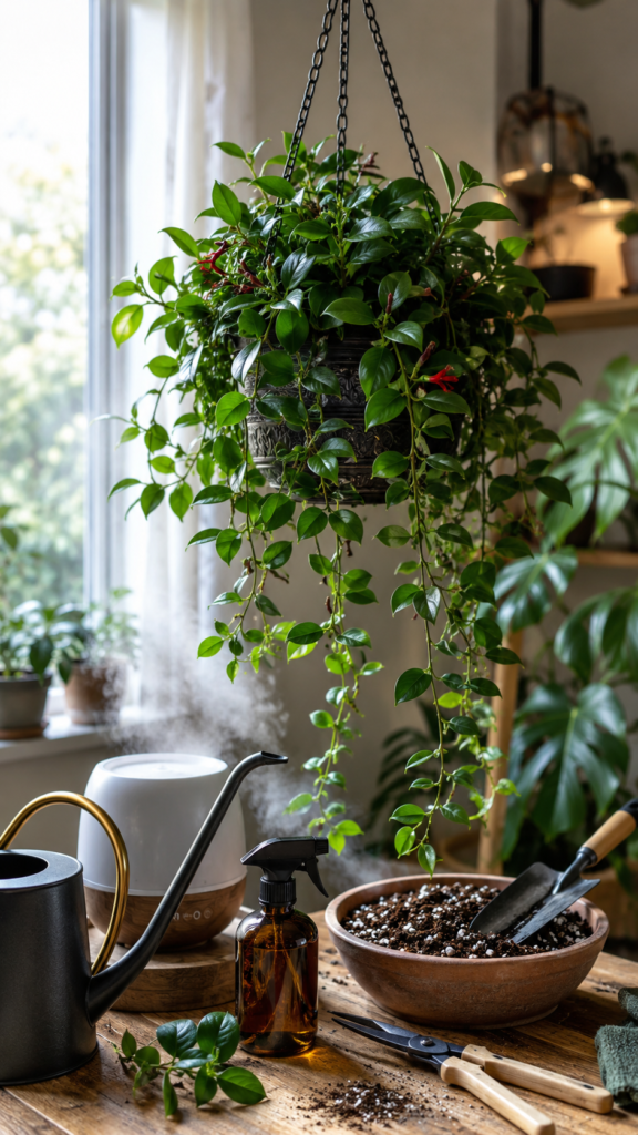Lipstick plant recovery scene with healthy new growth, pruning shears, watering can, humidifier mist, neem oil spray, and well-draining potting mix.
