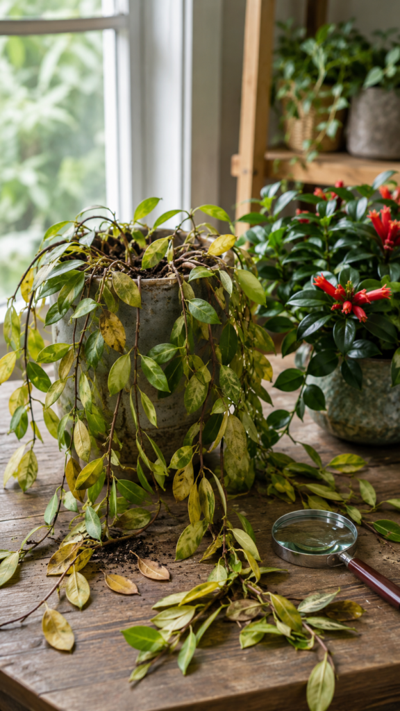 Struggling lipstick plant with yellowing leaves, drooping vines, fallen foliage, and visible signs of poor watering conditions indoors.
