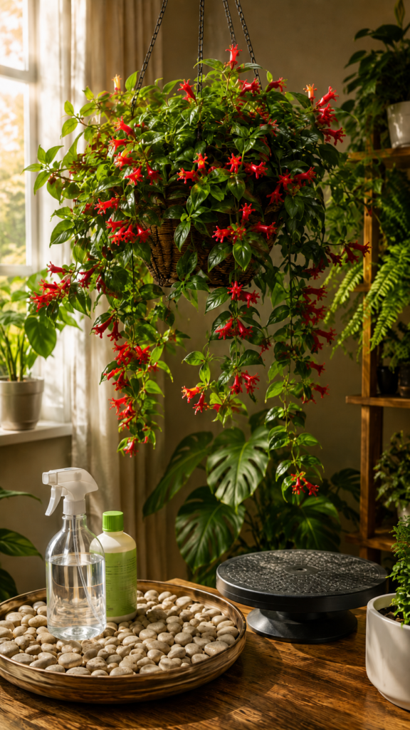 Thriving lipstick plant with vibrant red blooms, glossy trailing foliage, pruning tools, fertilizer, misting spray, and humidity tray in a bright indoor plant corner.