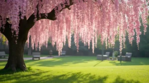 A blooming weeping cherry tree in a peaceful outdoor garden with cascading pink flowers