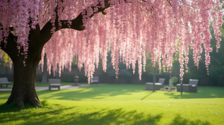 A blooming weeping cherry tree in a peaceful outdoor garden with cascading pink flowers