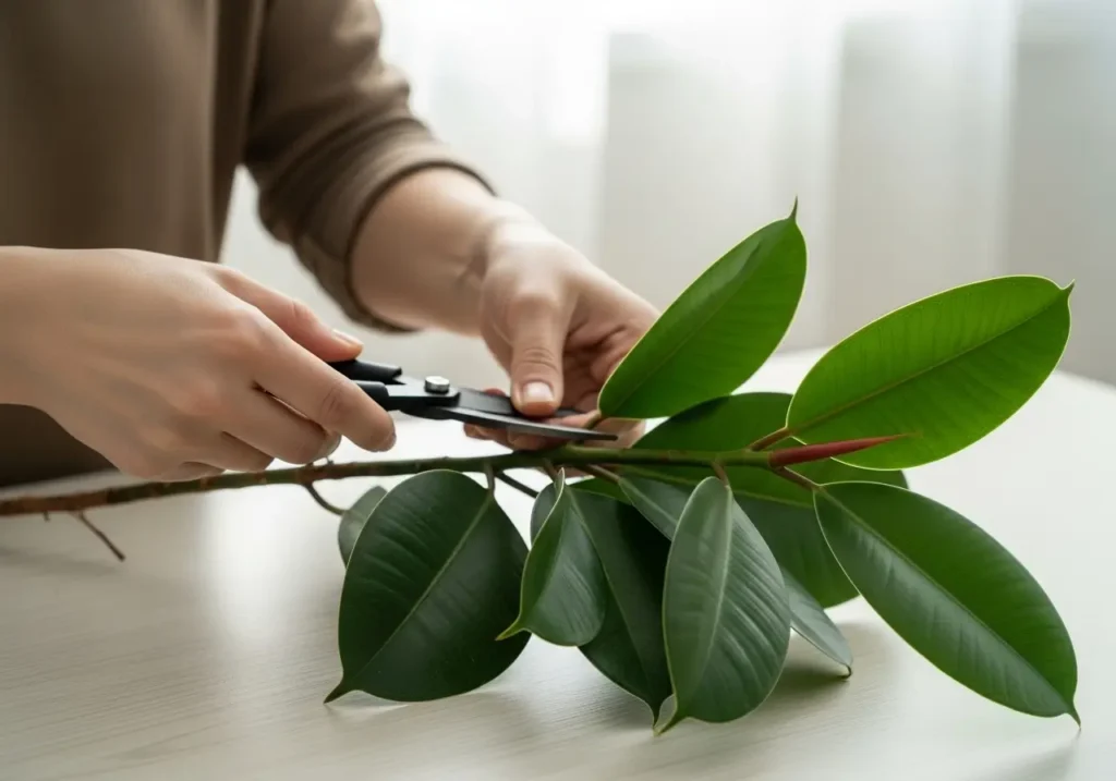 Detailed close-up view of a person's hands carefully pruning the leaves and stems of a healthy, vibrant rubber plant. The plant is situated on a clean, light-colored wooden surface, allowing the lush green foliage to stand out. Soft, natural lighting from a window bathes the scene, casting gentle shadows and highlighting the delicate pruning motions. The person's hands are steady and focused, demonstrating the precision required for proper rubber plant maintenance. The overall atmosphere is one of serene, meticulous care and attention to detail, reflecting the importance of this task in ensuring the plant's continued growth and vitality.