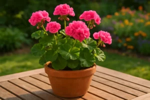 A vibrant potted geranium with vivid pink blooms sits on a wooden patio table, bathed in warm afternoon sunlight. The terracotta pot casts soft shadows, and a colorful garden bed filled with perennials appears in the background. The eye-level view highlights the lush foliage and delicate flower details.