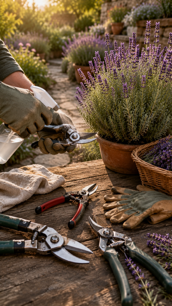 Close-up lavender pruning workspace in a peaceful backyard garden featuring professional gardening tools arranged on a rustic wooden table beside blooming lavender plants. Sharp bypass pruning shears, sturdy anvil pruners, long-handled loppers, a disinfectant spray bottle, and durable gardening gloves are displayed in warm golden-hour sunlight. A gardener wearing gloves carefully sanitizes pruning shears before trimming healthy lavender stems. Vibrant purple lavender flowers and silvery-green foliage glow against a cinematic botanical garden backdrop with terracotta pots, natural stone pathways, and highly detailed metal tool textures, creating an elegant educational gardening atmosphere focused on proper tool care and lavender maintenance.