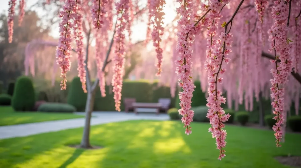 A weeping cherry tree with pink blossoms arching over a garden path in a sunlit spring garden.