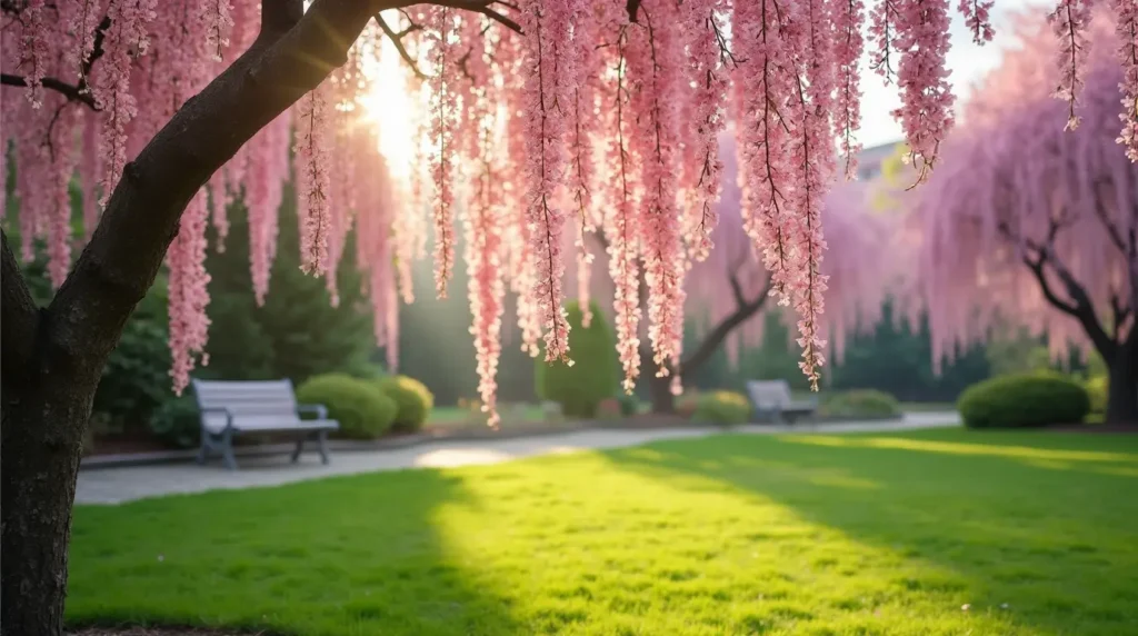 Elegant weeping cherry tree in full bloom, surrounded by lush greenery and a quiet garden path.