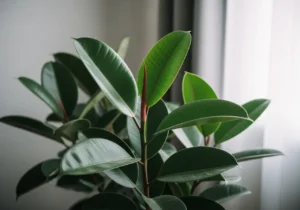 Rubber plant with glossy dark green leaves in a modern indoor setting.