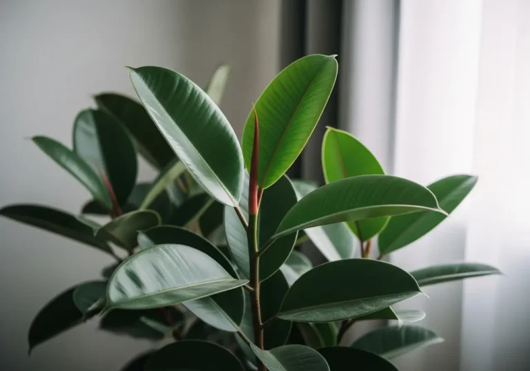 Rubber plant with glossy dark green leaves in a modern indoor setting.