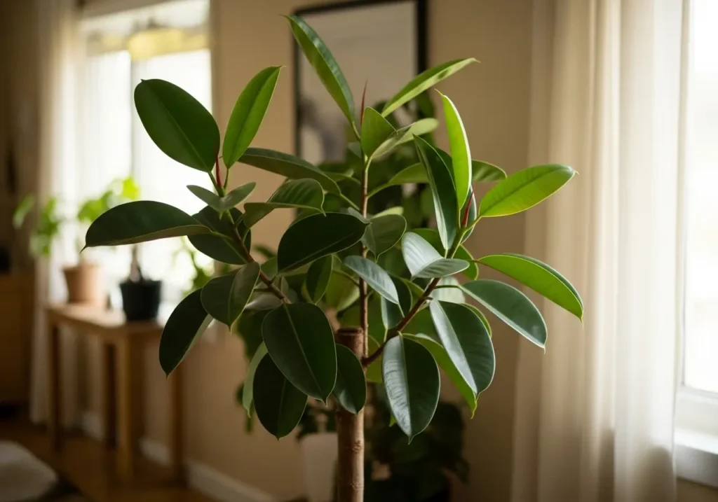 A lush, verdant ficus rubber plant in a warm, well-lit indoor setting. The plant's broad, glossy leaves unfurl gracefully, catching the soft, diffuse light that filters in through a nearby window. The plant stands tall and proud, its thick, woody trunk providing a strong, sturdy foundation. The background is blurred, emphasizing the plant's central focus, and conveying a sense of tranquility and serenity. The composition is balanced, with the plant's form and shape filling the frame in a visually pleasing way. The overall mood is one of natural beauty, calm, and a touch of tropical elegance.
