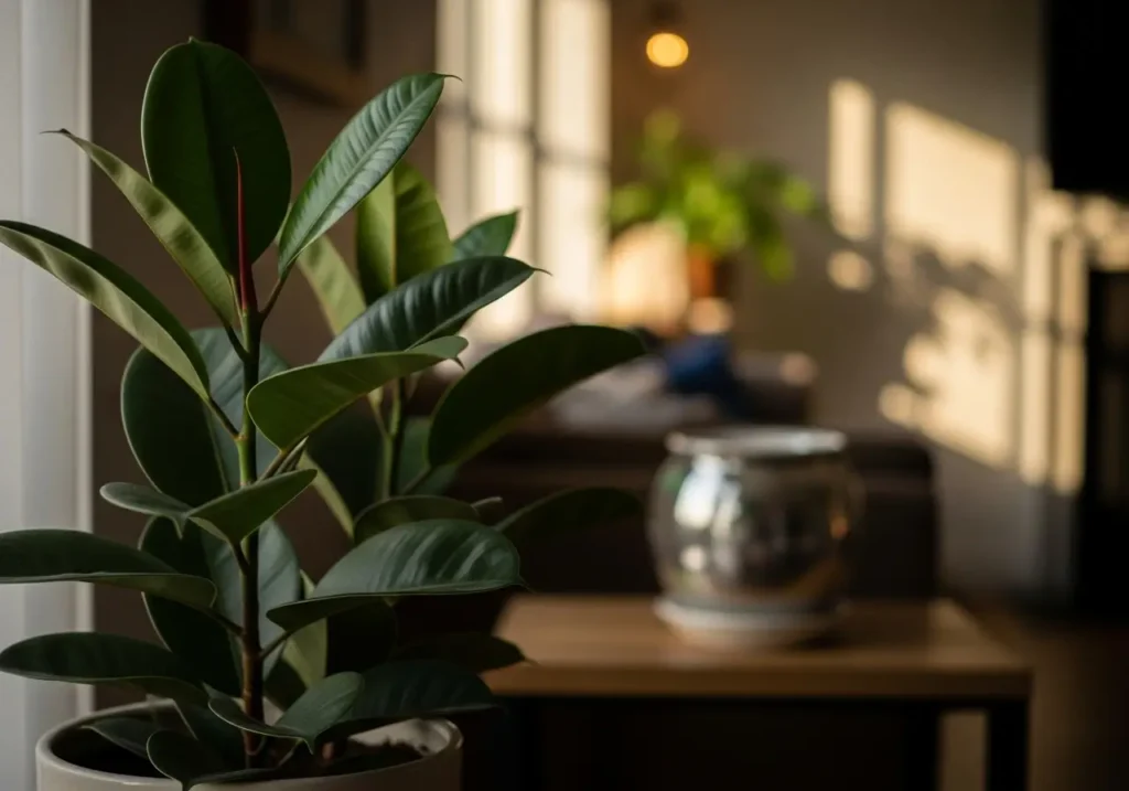 A lush, verdant rubber plant stands prominently in the foreground, its waxy, dark green leaves gently unfurling. The mid-ground features a well-lit, cozy indoor setting, with a tasteful ceramic pot reflecting the plant's rich hues. Soft, warm lighting from a nearby window bathes the scene in a natural glow, casting gentle shadows that add depth and dimension. The background is blurred, suggesting a tranquil, relaxing atmosphere, allowing the viewer to focus on the captivating centerpiece - the resilient, thriving rubber plant, a symbol of vitality and care.