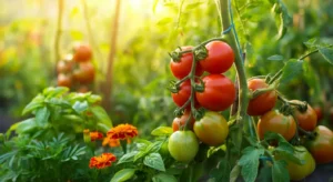 Close-up of ripe red tomatoes growing on healthy green plants in a sunlit garden, with basil and marigolds nearby.