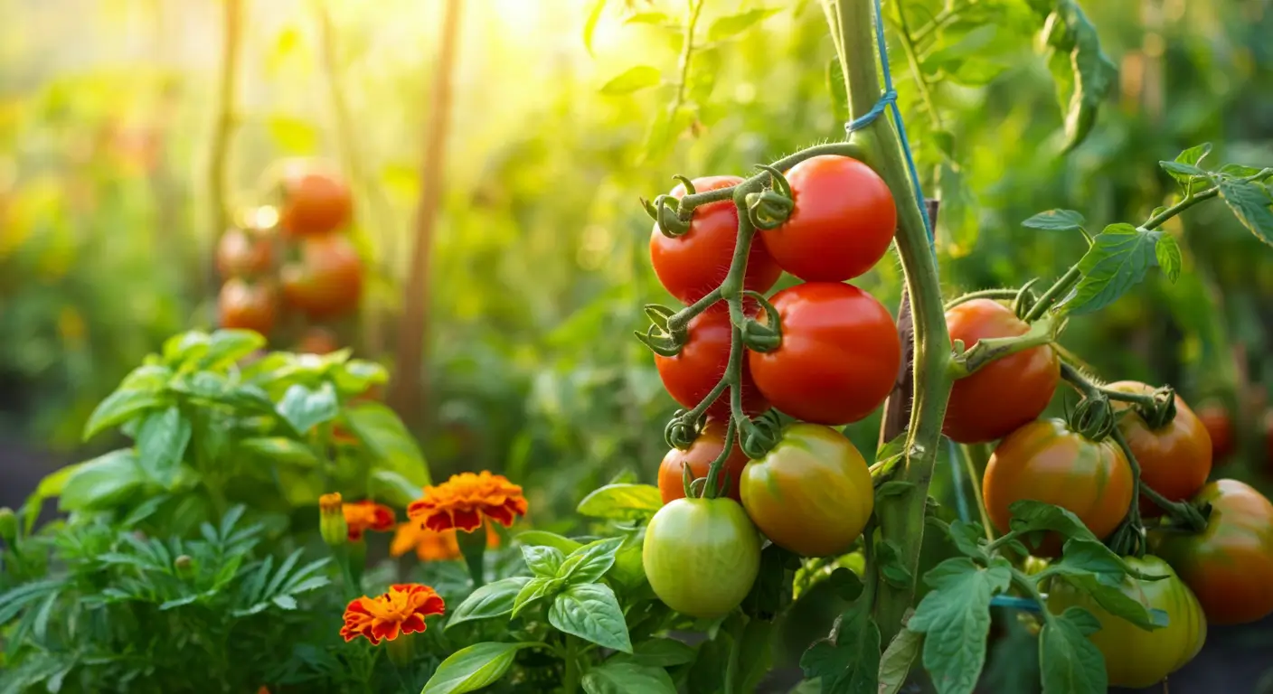 Close-up of ripe red tomatoes growing on healthy green plants in a sunlit garden, with basil and marigolds nearby.