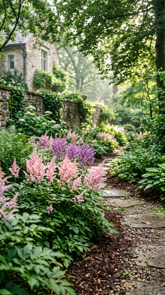 A lush, shaded garden bed with a beautiful display of astilbe flowers. The astilbe plants are vibrant shades of pink, lavender, and white, their delicate, feathery blooms cascading gracefully over a bed of rich, dark soil. Dappled sunlight filters through the overhead canopy of leafy trees, casting a warm, natural glow on the scene. The composition is balanced, with the astilbe taking center stage, surrounded by ferns and other complementary shade-loving plants. The overall mood is serene and tranquil, inviting the viewer to imagine the soothing sound of a nearby stream or the gentle rustling of leaves. Captured with a wide-angle lens to showcase the depth and scale of the garden setting.
